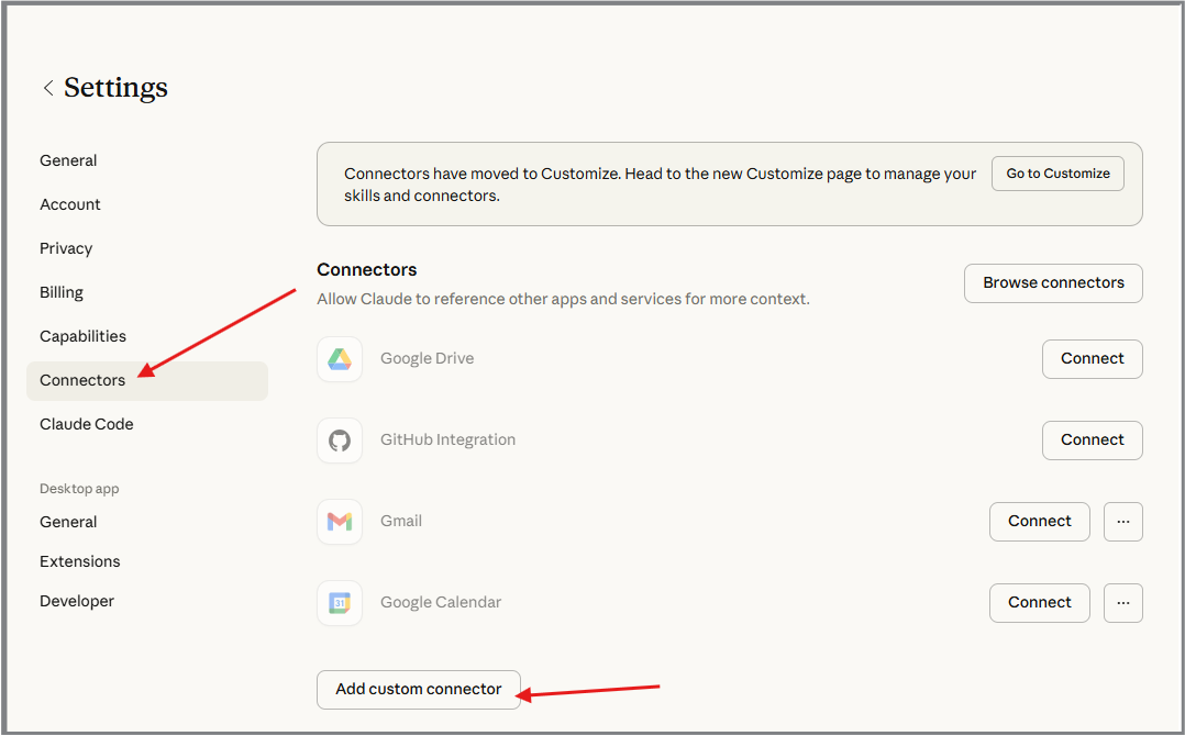 Claude Settings → Connector, Add Custom Connector (example A)