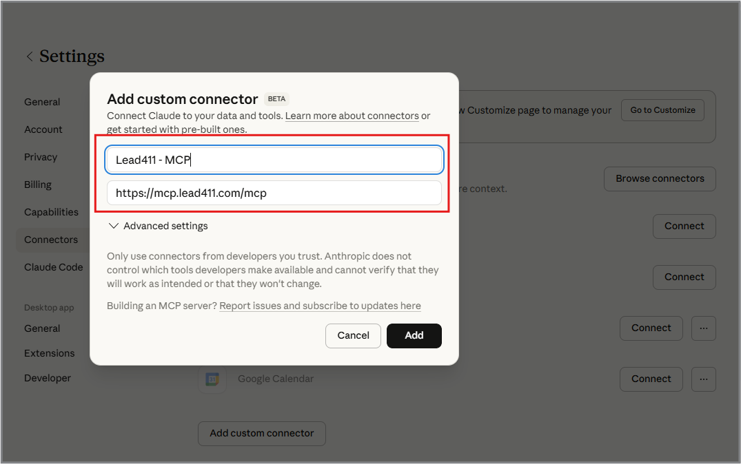 Connector form with Name and URL (example A)