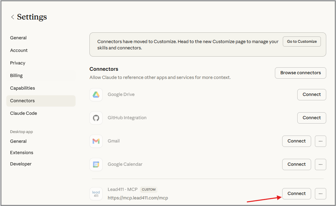 Placeholder: Connect button on saved connector